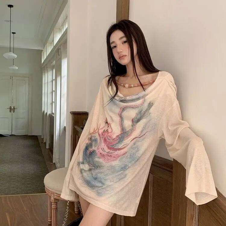 Chinese Print Swing Collar Long Sleeve Sunscreen Oversized T-Shirt Women Tops Summer New Spicy Girl Thin Loose Casual Top