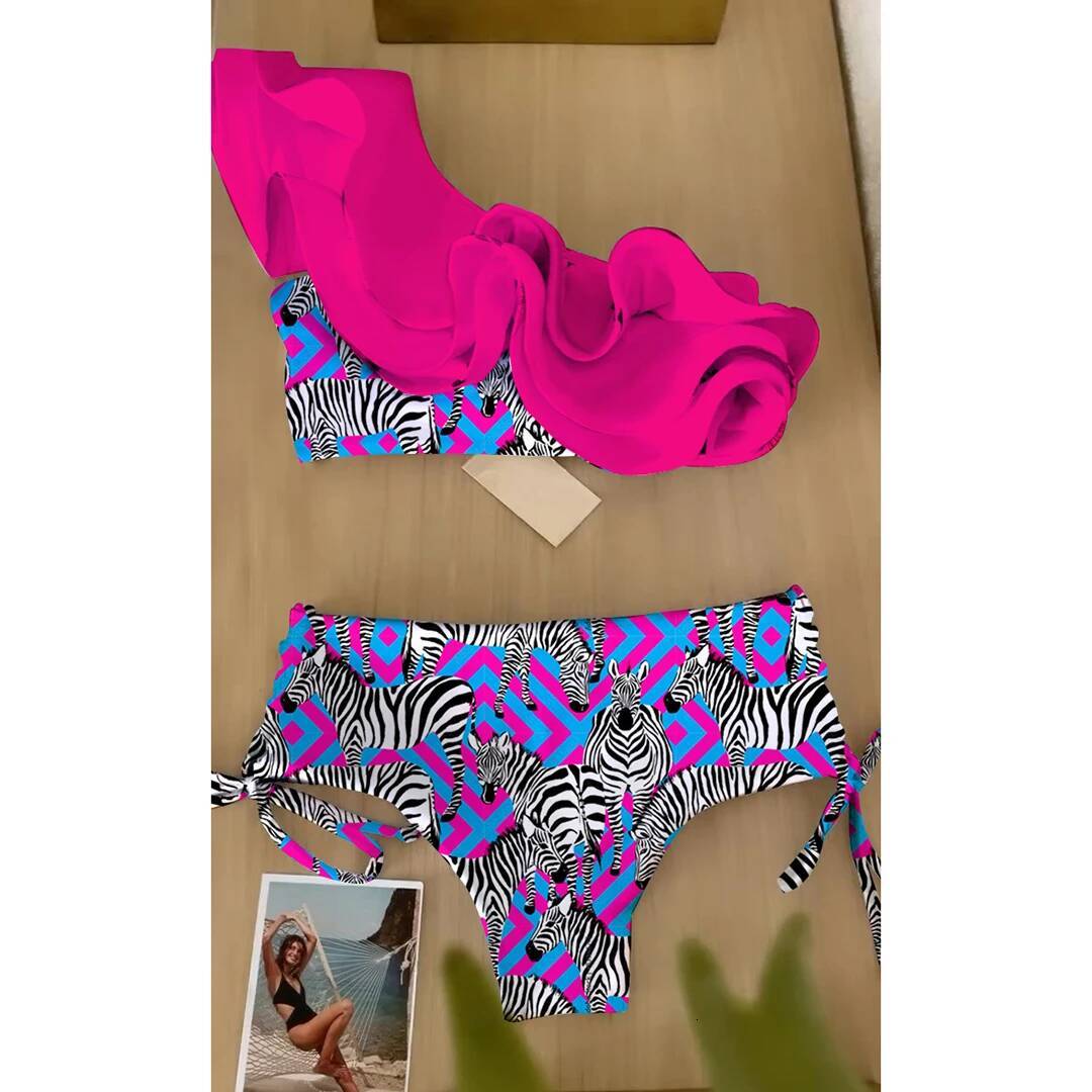 2025 New Print Bikini Ruffle Deep-V Swimwear High Waist Women's Swimsuit Summer Biquini Beachwear Bathing Suit Monkini Female