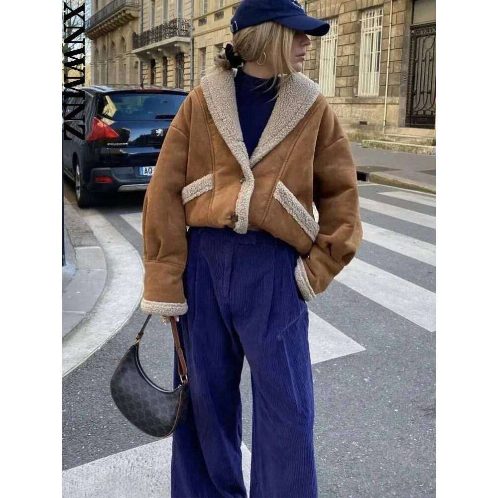 XNWMNZ Fall Winter Fashion Loose Pocket Jacket Women's Retro Suede Lamb Wool Warm Coat