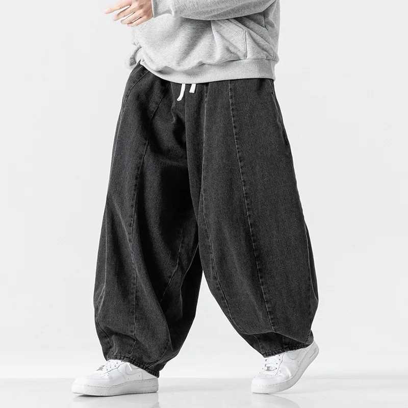 Vintage Loose Harem Pants Men Hip Hop Denim Wide Leg Pants Mens Solid Color Straight Streetwear Jeans Elastic Waist Trousers Man M250610