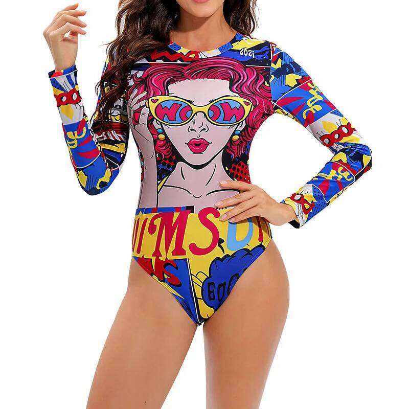 Summer One Piece Swimsuit Personalized Abstract Printed Surfing Sport Long Sleeves Swimwear For Women Bathing Suit