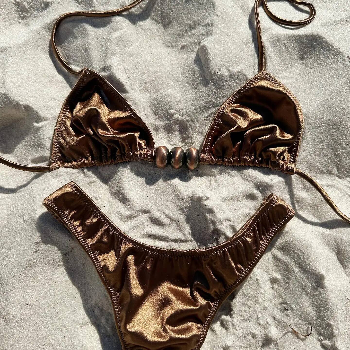 Shiny Button Bikini Sexy Women Swimsuit 2025 Female Swimwear Bandeau Biquini Thong Swimming Suits Halter Bodysuit Beachwear