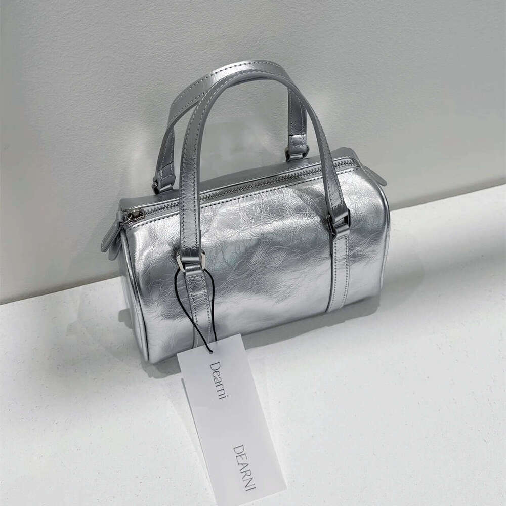 Dearni Oil-Waxed Cowhide Pillow Korean Style Silver Small Boston Handbag Shoulder Bag for Women