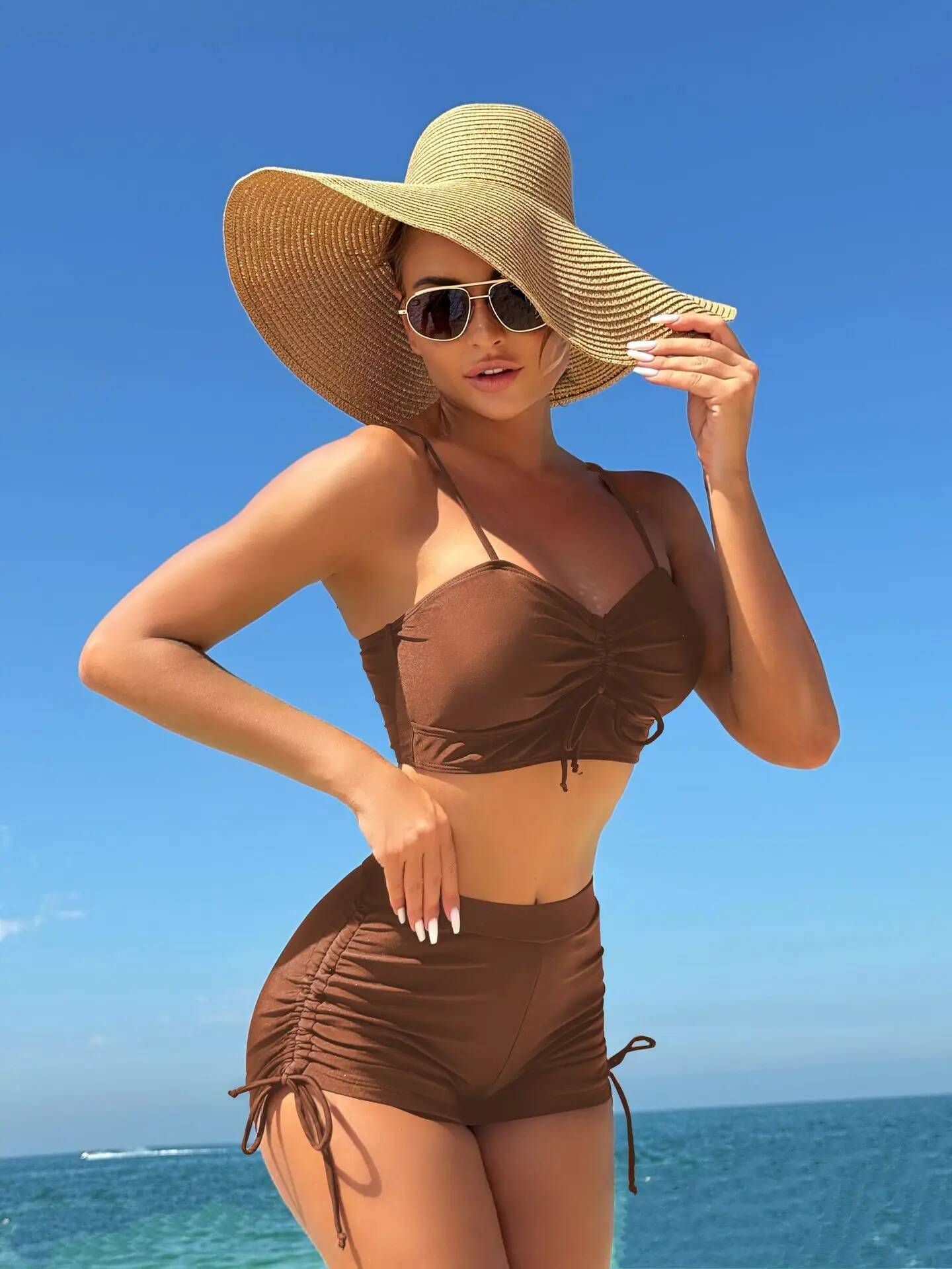 Bikini Set Solid Color High Waist 2 Piece Swimsuit Tankini Drawstring Lace-up Suspender Backless Bathing Suit Beachwear 2025 New