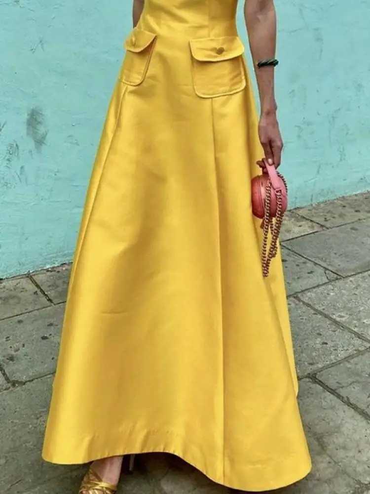 Elegant Party Evening Maxi Dresses for Women 2024 New Summer Short Sleeves Pockets Solid Color Round-Neck A-Line Dress XJ250610