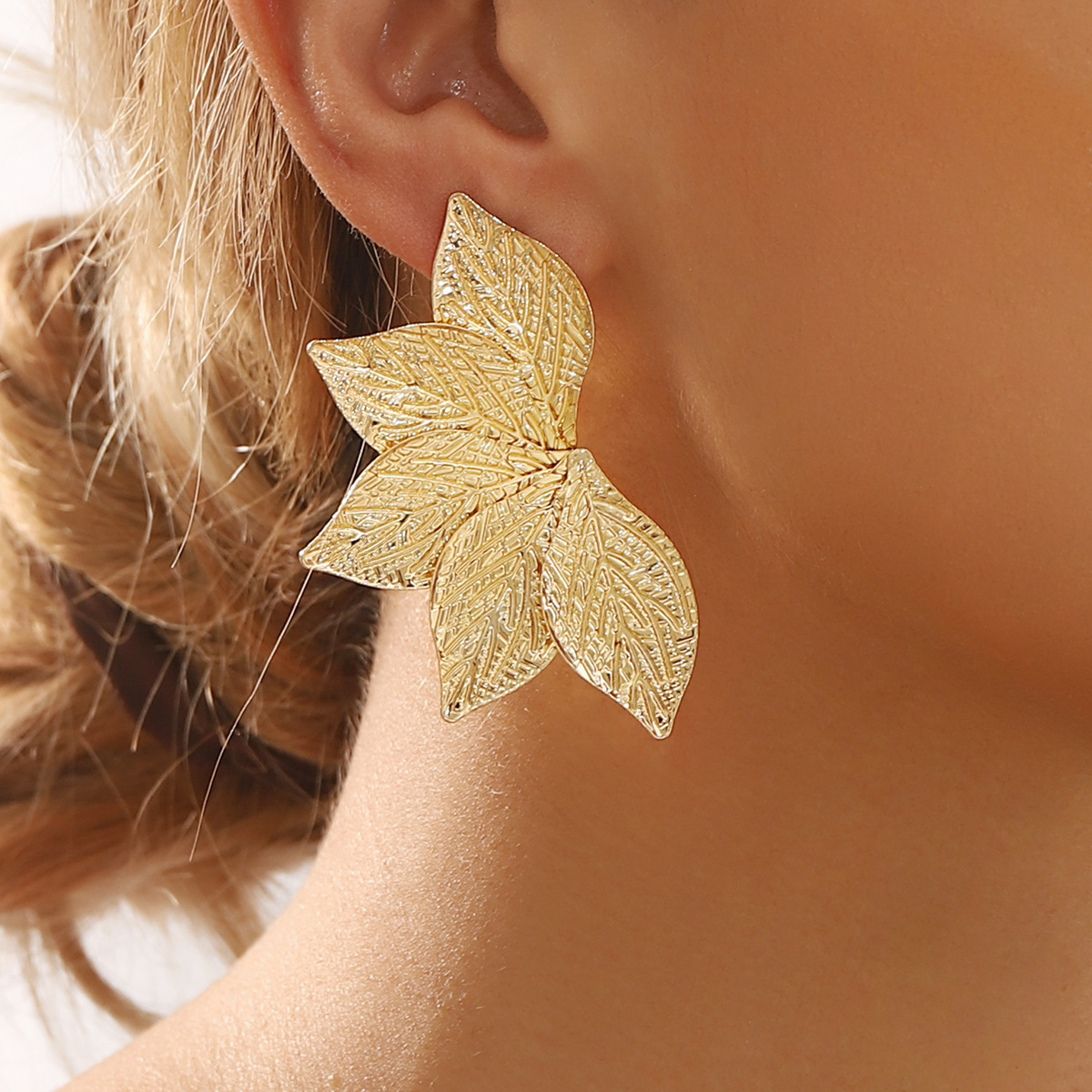 European American Geometric Leaf Textured Earrings Bold Vintage Heavy Metal Style Statement Studs for Women