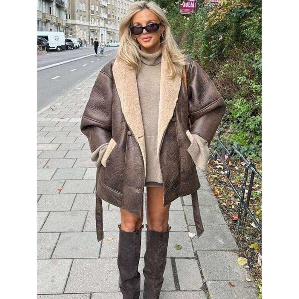 Vintage Women's Faux Wool Leather Coat with Belt Loose Lapel Pocket Long Sleeve Female Overcoat Autumn Winter Lady Warm Coats