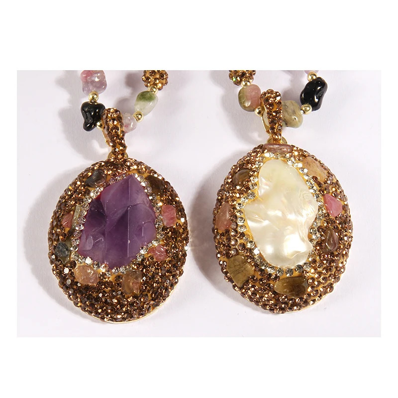 Fashion Bohemian Jewelry Accessory Multicolor Tourmaline stone and Crystal Baroque Pearl Pendant Necklaces For Women 250604