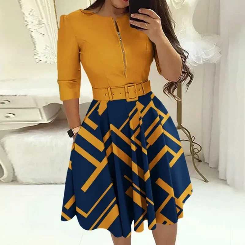 Fashion Women Patchwork A-line Dresses Autumn/Winter Round Neck Printed Belt Party Dress Elegant Office Lady Zipper Dress XJ250610