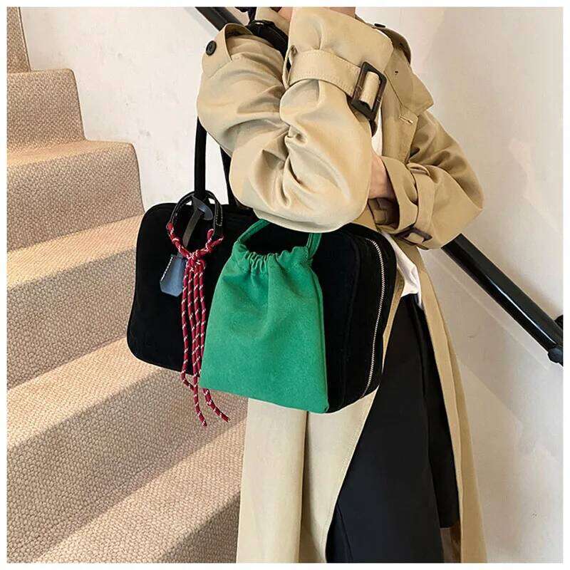 2Pcs Plain Color Autumn/Winter Faux Suede Tote Bag Vintage Boston Women Shoulder Bags Large Capacity Lady Handbags With Pendant