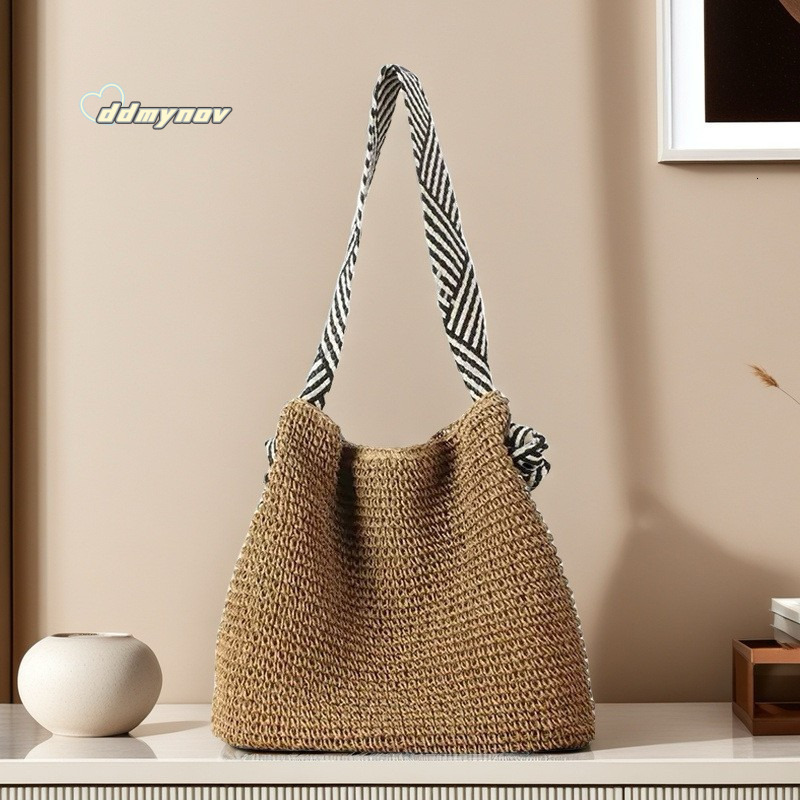 Summer Korean Style Navy Straw Woven Handmade Beach Shoulder Commuter Tote Underarm Bucket Bag ddmynov