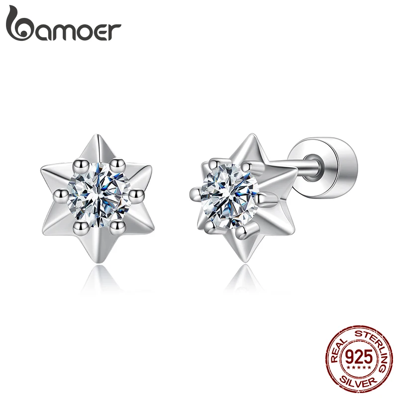 BAMOER Diamond Sparkling Hexagram Moissanite Stud Earrings, 925 Sterling Silver Lab Created Diamond Mini Star Earrings Birthday Gift Jewelry MSE102