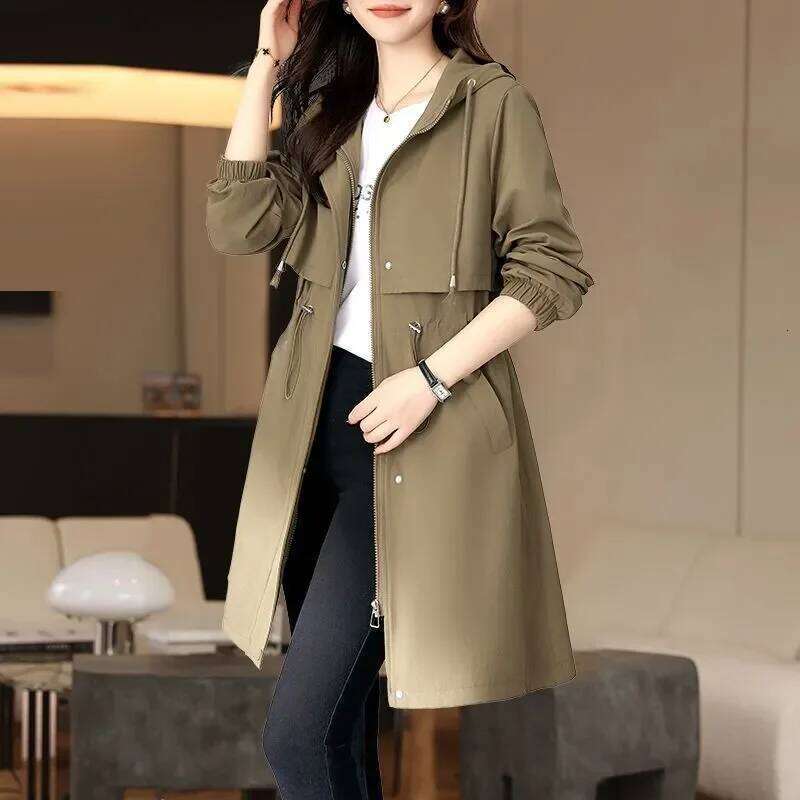 2025 Spring Autumn New Korean Women Hooded Trench Coat Fashion Mid-Length Outerwear Female Slim Windbreaker Ladies Overcoat B816