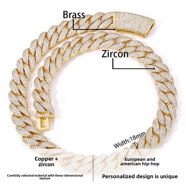 OACOCA Hip Hop 18mm Zircon Necklace for Men Iced Out Fashion Cuban Chain Necklace 18k Gold Necklace Charms for Jewelry Making