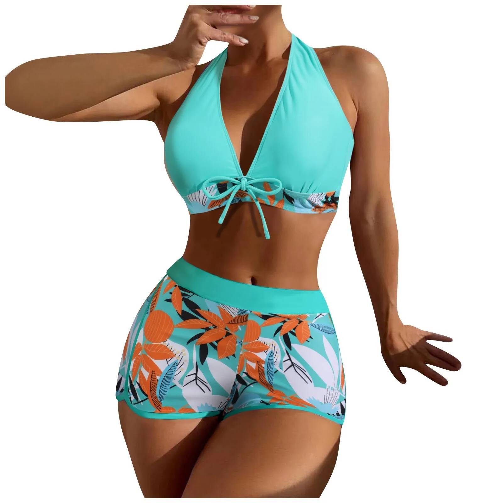 High Waist Bikini Set Paneled Printed Short Retro Fresh Leaf Print Hanging Neck Strap Swimsuit Two Piece Beachwear