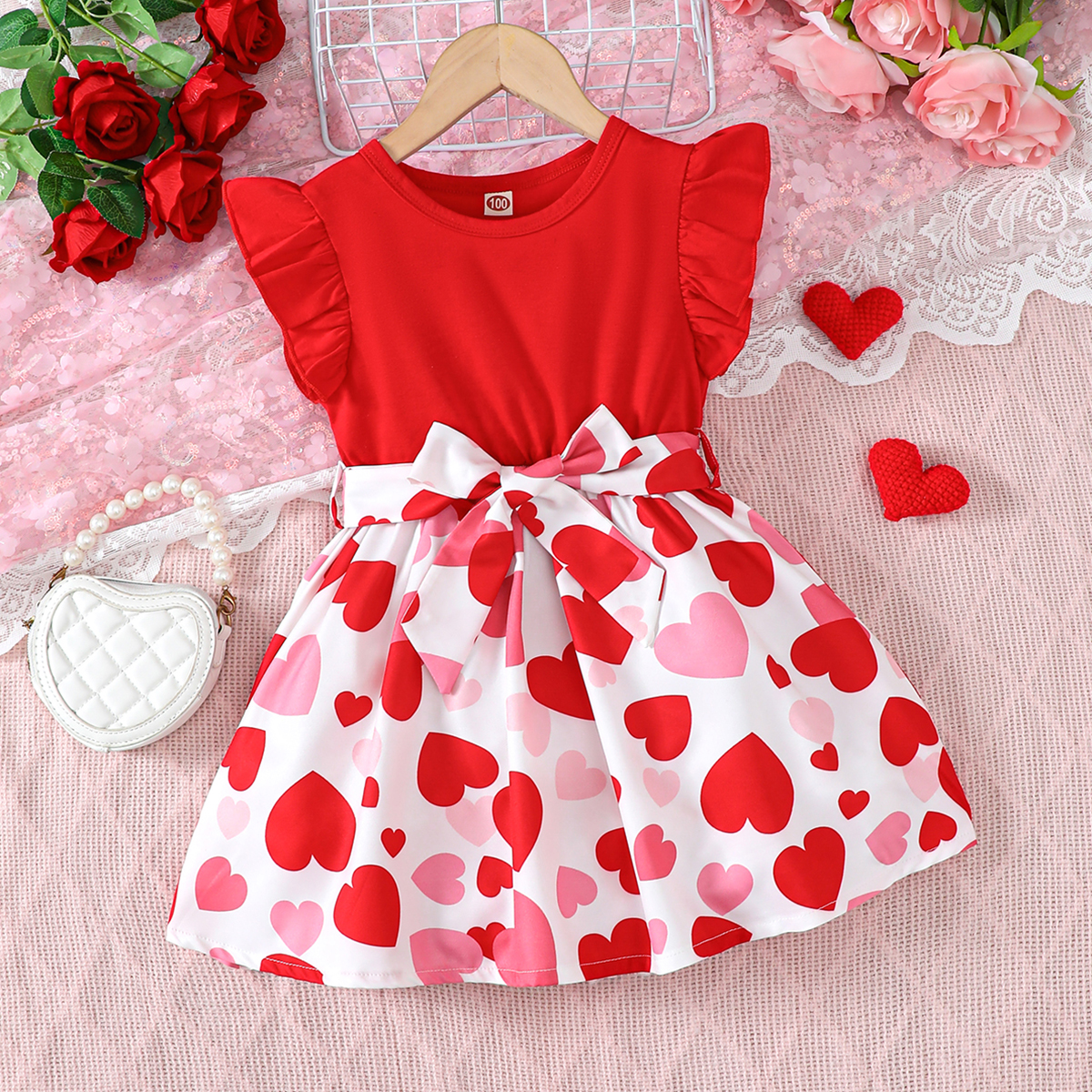 Round Neck Flying Sleeve Red Tunic With Heart Pattern For Teenage Girls In Summer
