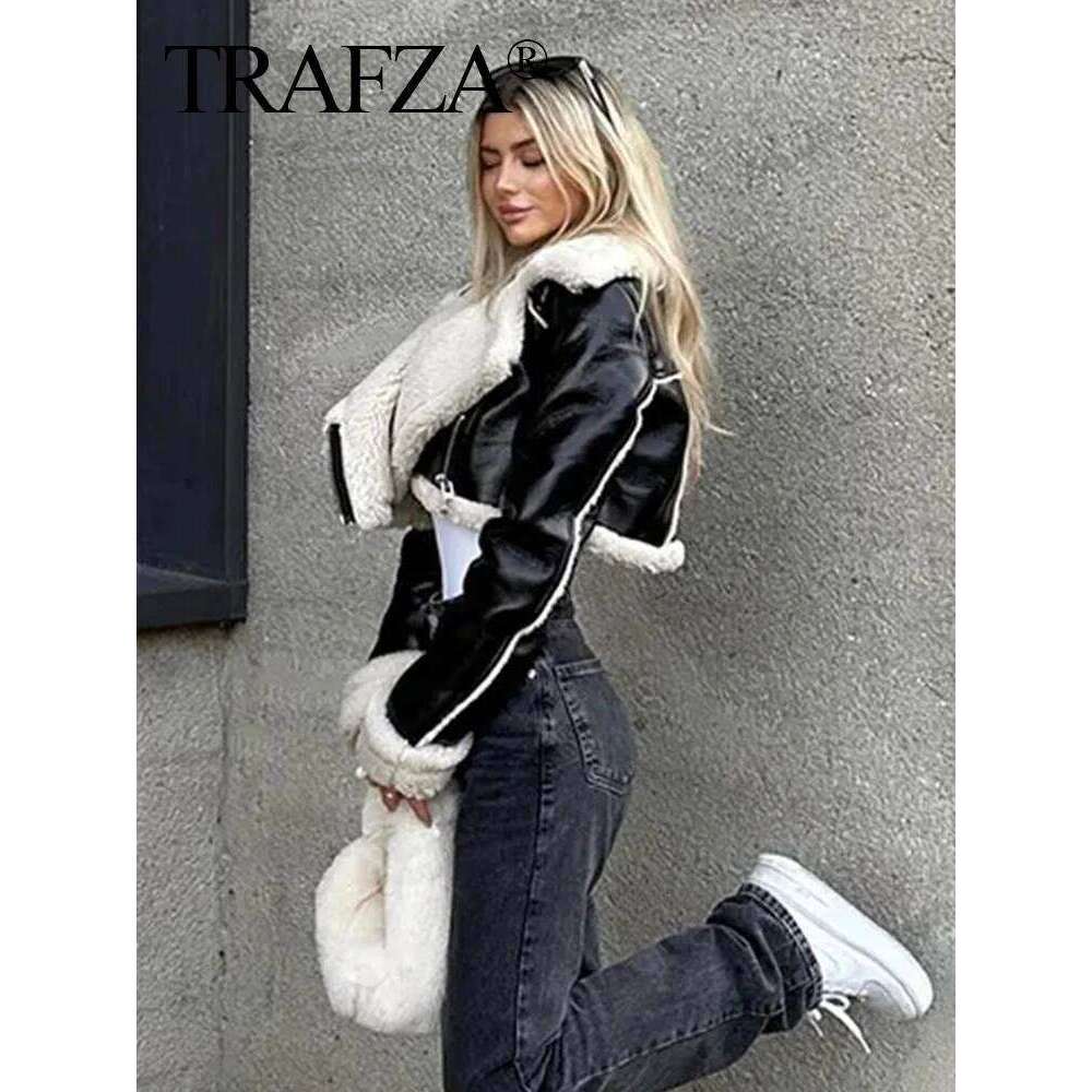 TRAFZA Women's Cropped Coat Black Wool Blends Coats Bomber Tweed Autumn Winter Leather Fur Crop Jacket