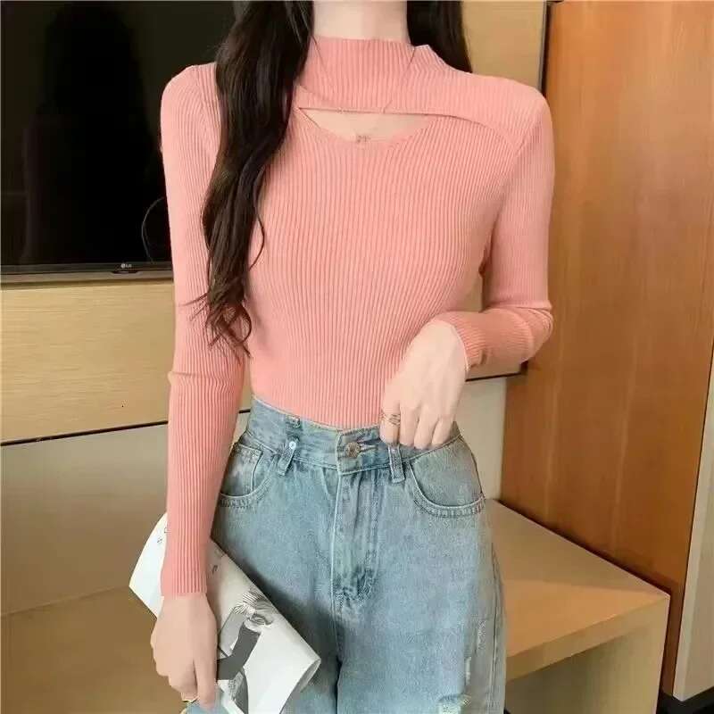 Half Turtle Neck Knit Sweaters Women Y2K Sexy Hollow Out Long Sleeves Slim Pullover Female Simple Solid All-match Jumper Spring