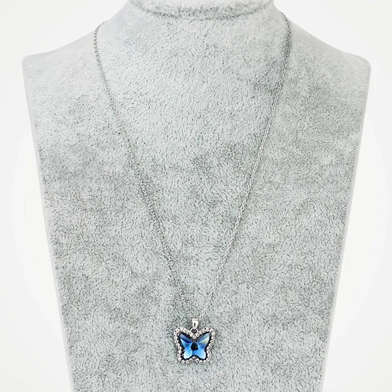 Cute Blue Butterfly Austrian Crystal Pendant Necklace for Girls Fashion Jewellery Women Anniversary Wedding Valentines Day Gift 250609