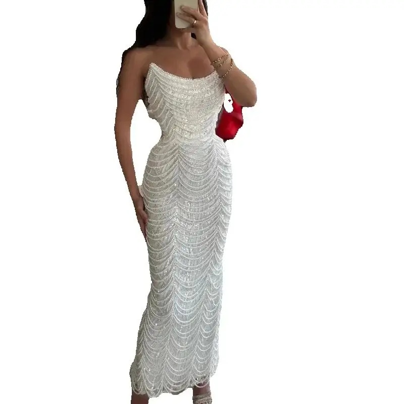 Elegant Pearls Sleeveless Prom Dresses Fashion Sequined Beading Evening Dress Ankle Length Celebrity Party Gown Customized