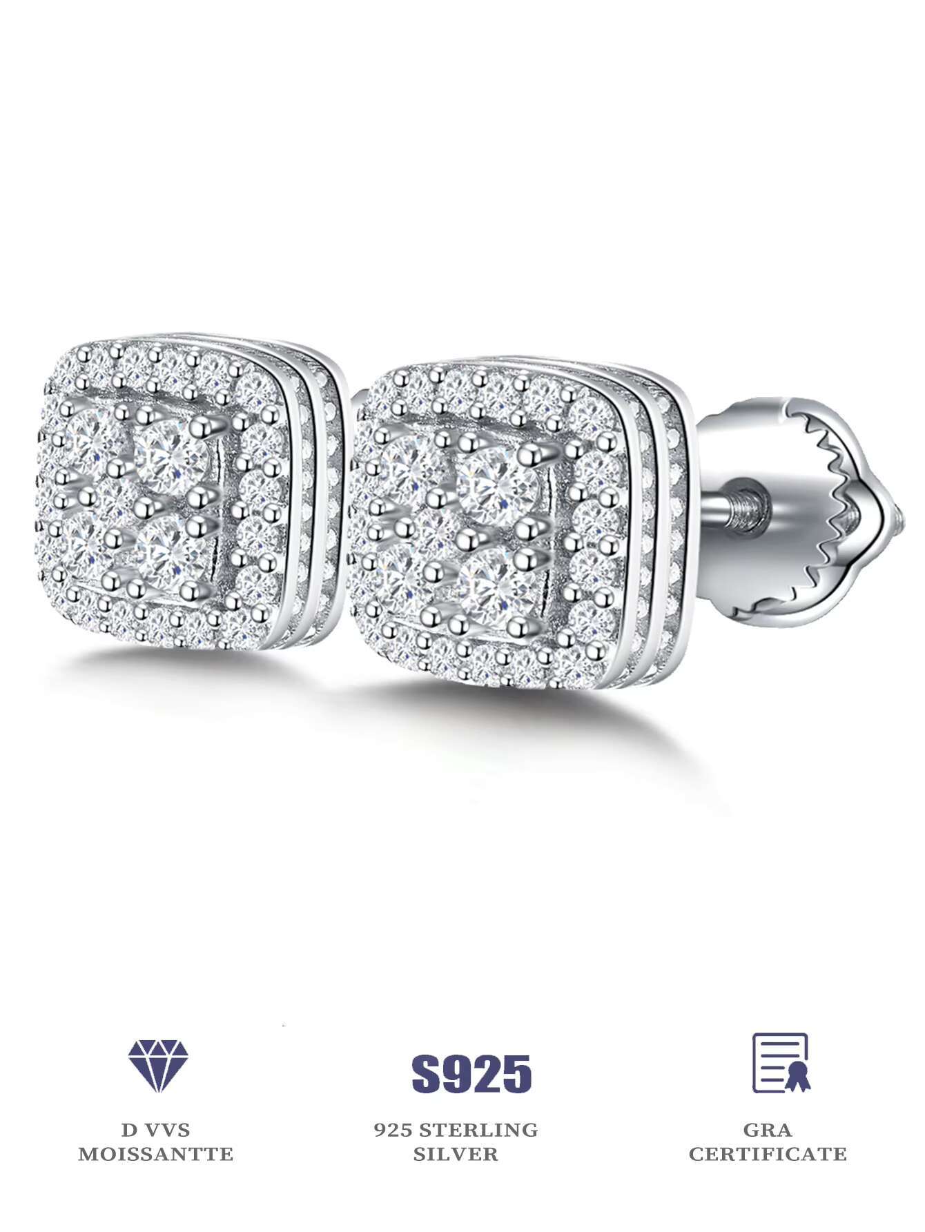 Fine Jewelry Screw Back Earring 925 Sterling Silver Full Pave Round Moissanite Stud Earrings for Women Men