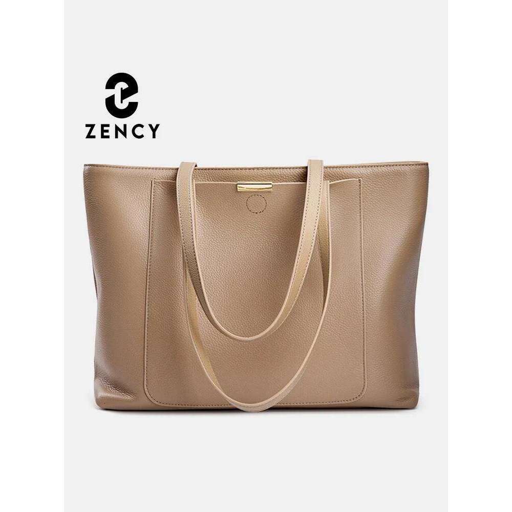 Zency Soft Cowhide Leather Women Shoulder Tote Handbag Large Capacity Lady Shopping Bag Front Pocket For Notebook Phone iPad