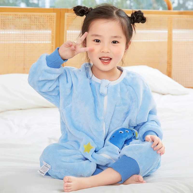 MICHLEY Blue Dinosaur Flannel Baby Kid Sleeping Bag Winter Sleepwear Cute Cartoon Bodysuit Sleepsack Pajamas With Feet Boys Girl y250610PDCN