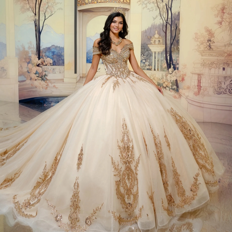 Champagne Shiny Off The Shoulder Ball Gown Quinceanera Dresses Appliques Lace Beading Crystal Tull Sweet 16 Dress vestidos 15 Anos