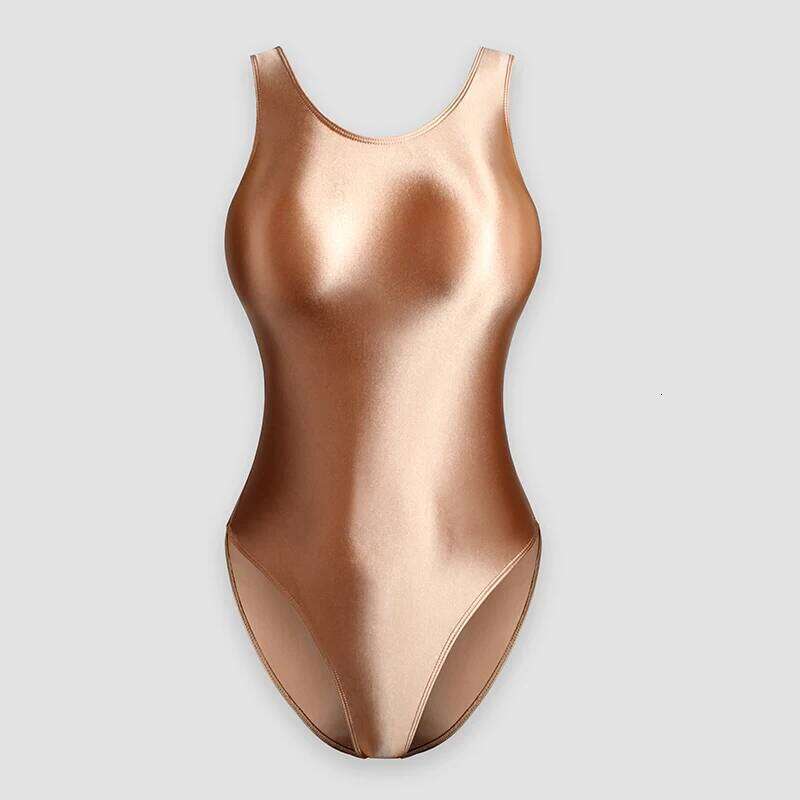 Japanese Satin Glossy Shiny Crotchless One Piece Swimsuit Sexy High-Cut Bikini Briefs Body Suits Silky Smooth Women Swim Wear