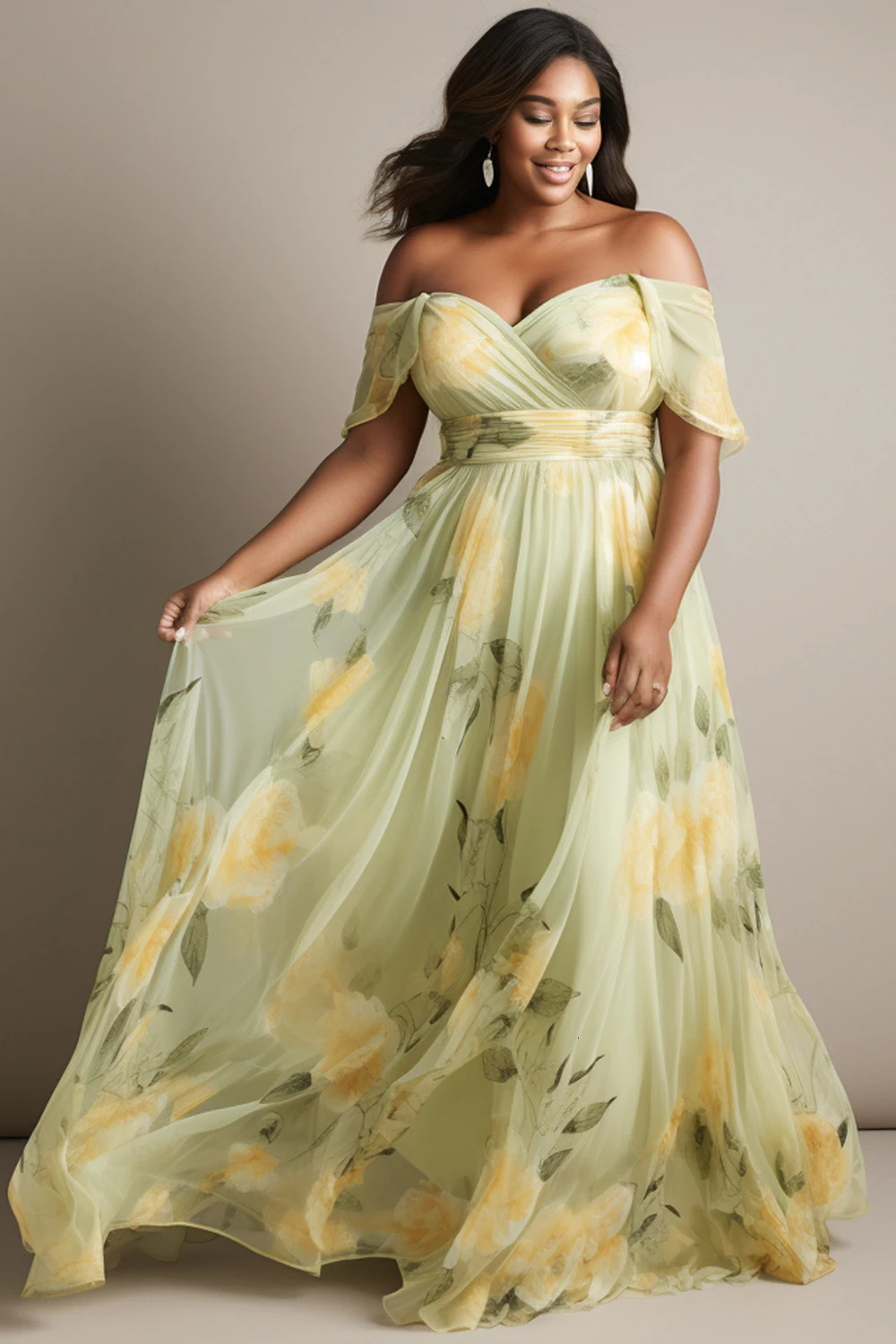 Plus Size Wedding Guest Sage Green Floral Off The Shoulder Short Sleeve Chiffon Maxi Dresses 250610