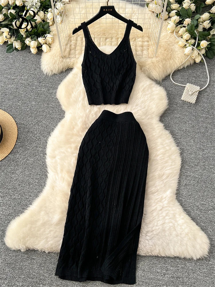 SINGREINY Summer Knitted Beach Suits Women Spaghetti Strap Crop TopsHigh Waist Slim Skirt Hollow Out Vacation Two Pieces Sets 250609