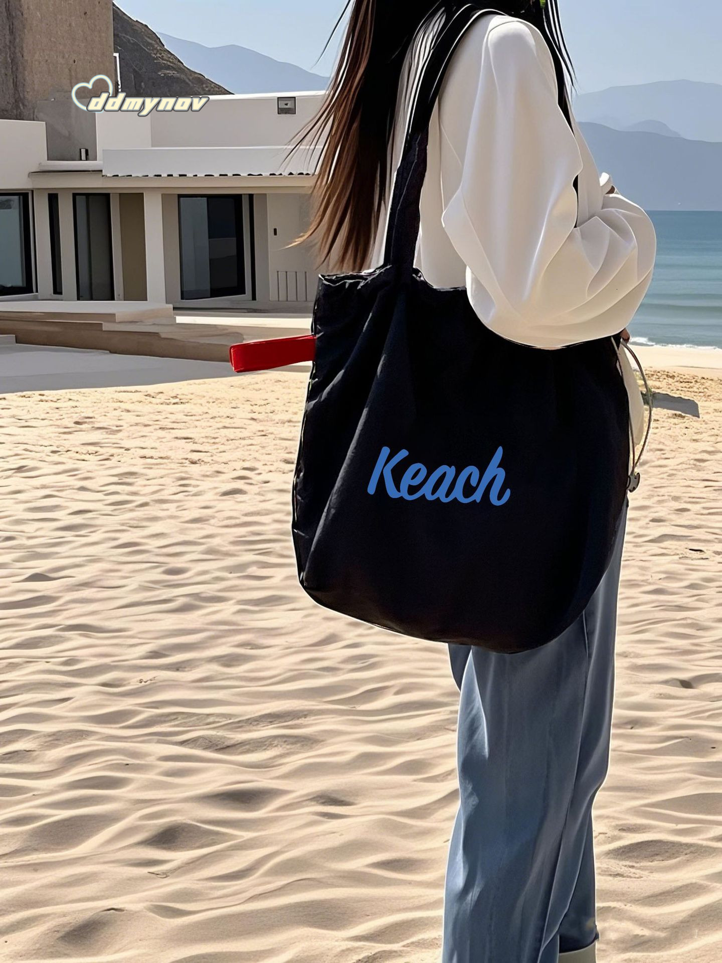 2025Korean Style New Letter Print for Women Large Capacity Nylon Shoulder Casual Versatile Portable Drawstring Tote Bag ddmynov