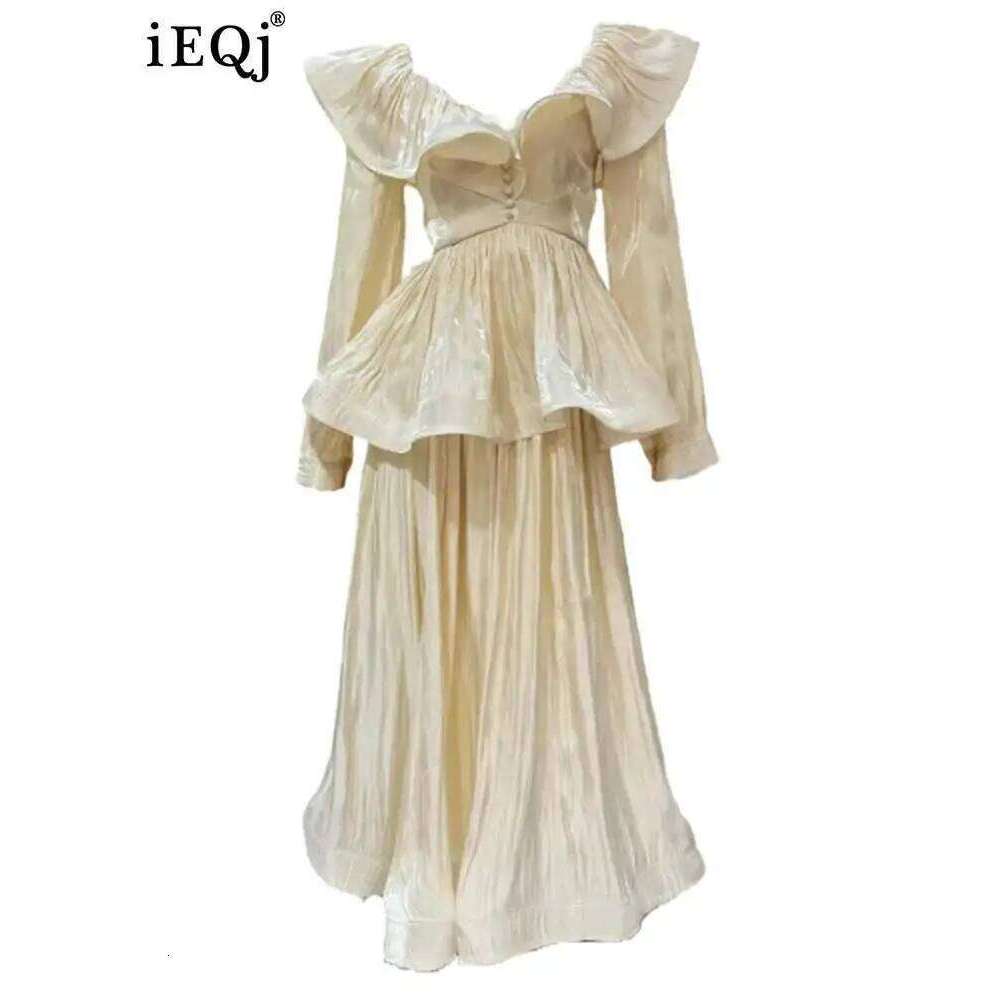 IEQJ Solid Ruffles Women's 2 Piece Sets V Neck Long Sleeve Shirt High Waist Skirts Loose Elegant Set Autumn 2025 New 3Wm2030