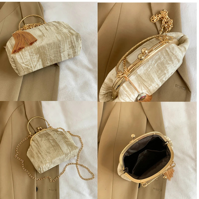 Retro Evening Bag Women Handbags Vintage Chain Tassels Shoulder Bags Lock Shell Clip Crossbody Bag Female Purse 250606