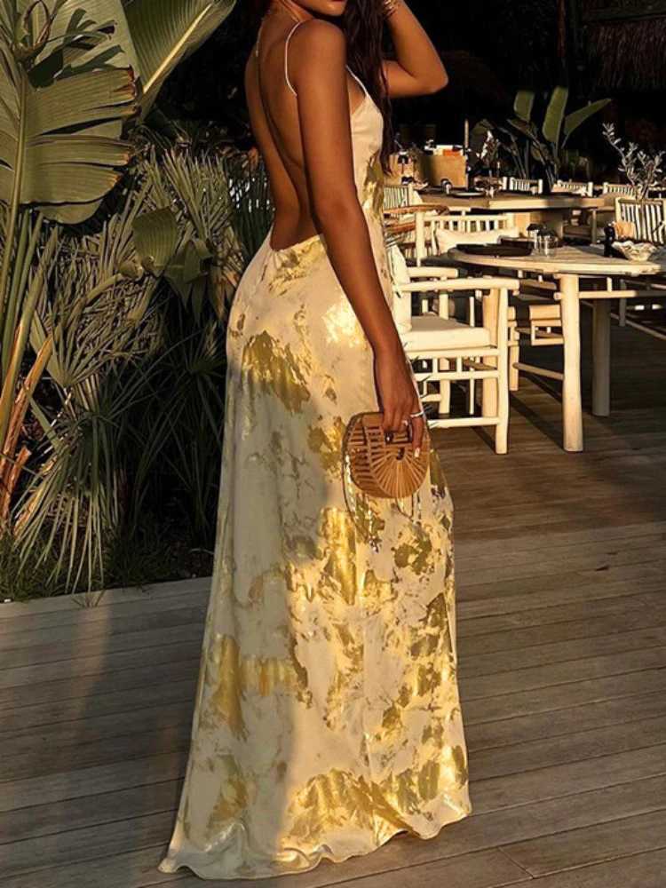 Sexy Spaghetti Strap V Neck Gold Stamping Bodycon Maxi Dress Women Backless Sleeveless Long Dress Evening Club Party VestidosXJ250610