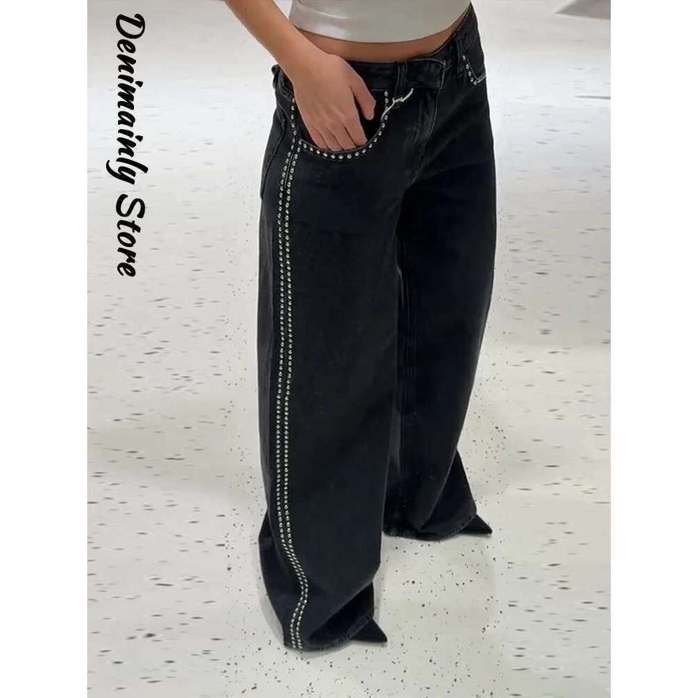 Punk Pant Edge Rivet Women's Jeans Black Denim Y2k Straight Mopping Pants 2025 New All Match Loose Casual Woman Trousers
