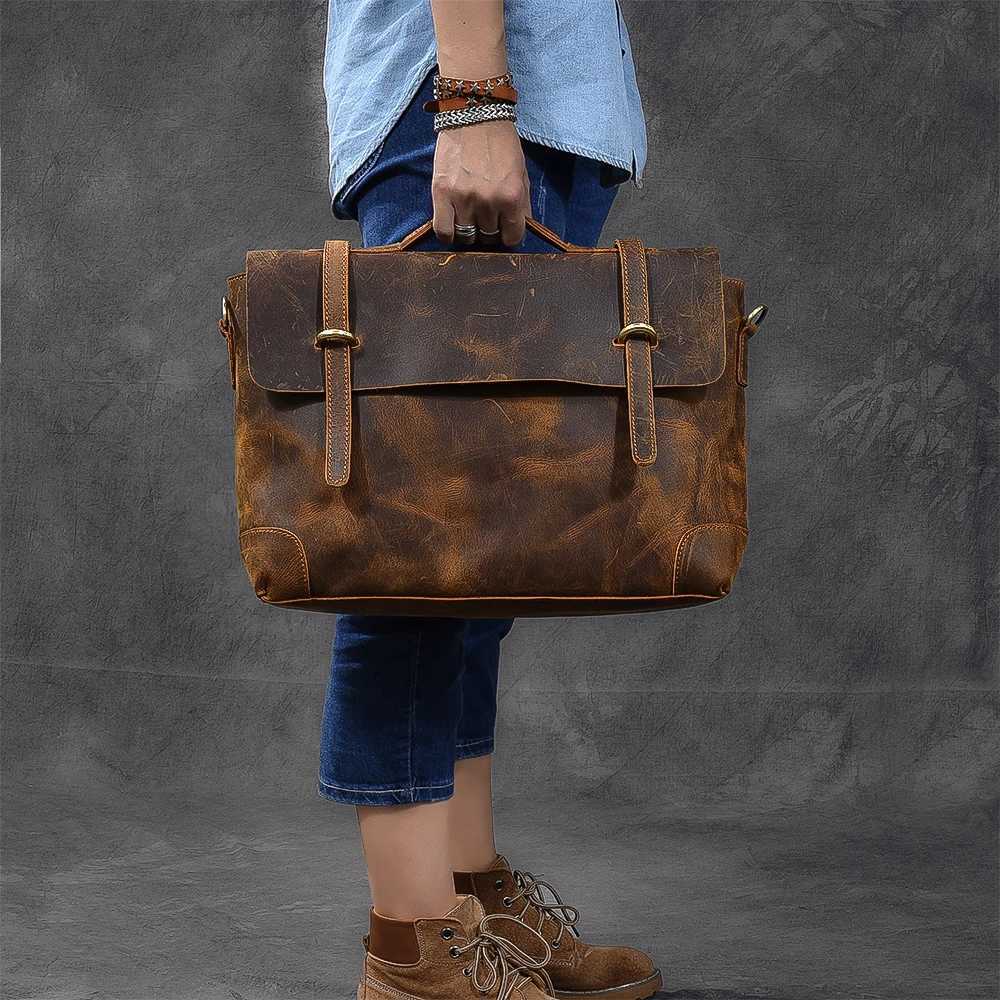 Imported Genuine Leather Retro Mens Handbag Male 14 Inch Laptop Bag Briefcase Classic Shoulder Messenger Bags 2025 New W250610