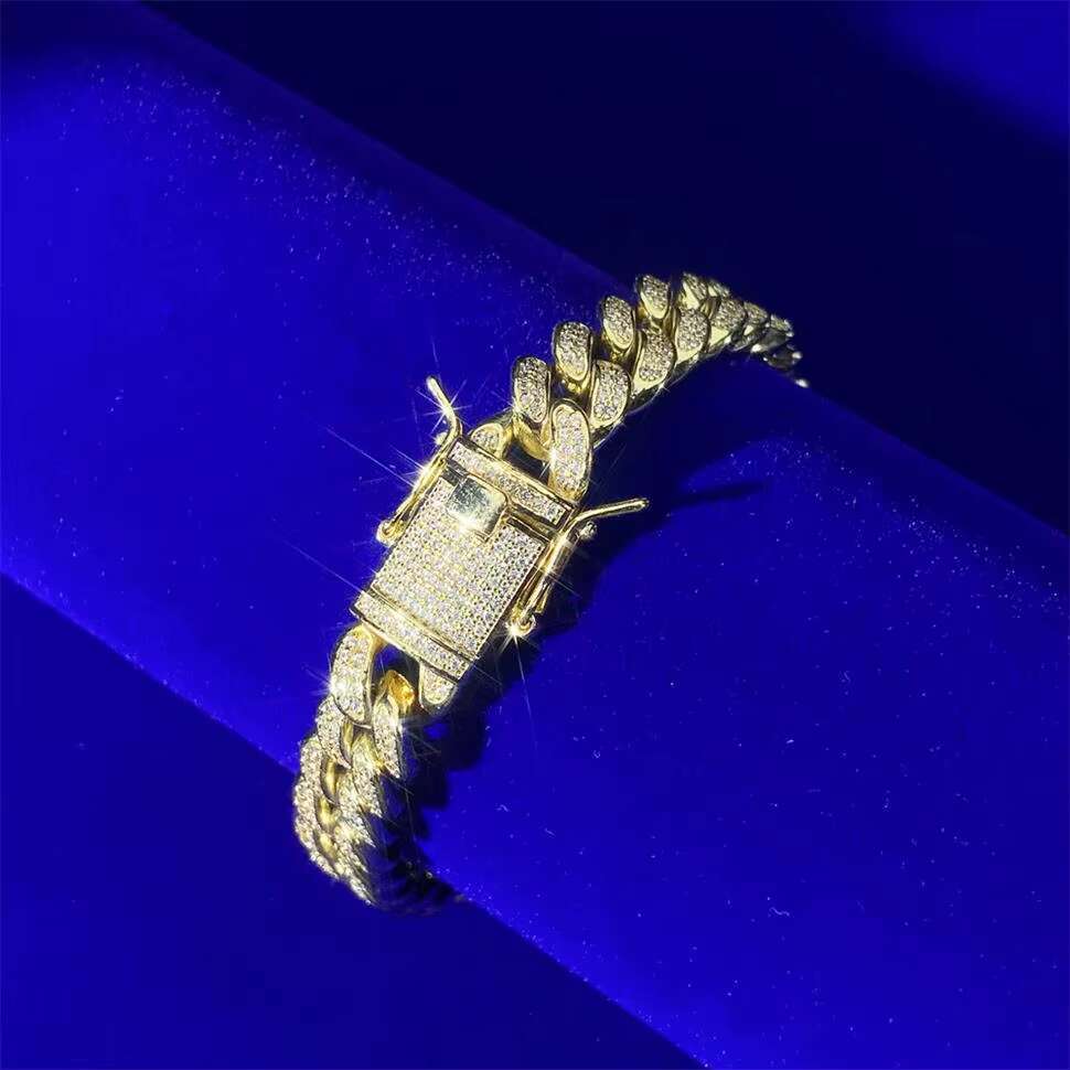 OACOCA Hip Hop Jewelry 10mm Gold Plated Iced Out VVS Moissanite Diamond 925 Sterling Silver Cuban Link Bracelets for Men