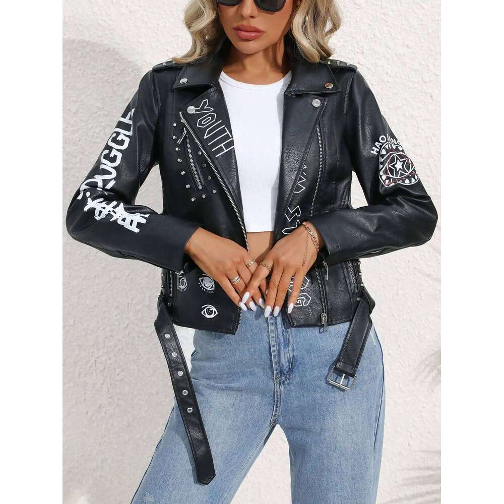Fitaylor Women Faux PU Jacket Casual Lady Lapel Zipper Graffiti Print Leather Coat Moto Bike Rivet Outwear