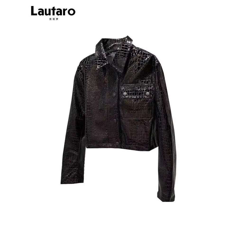 Lautaro-Short Black Patent Leather Jacket For Women, Shiny Reflective Crocodile Print, Long Sleeve, Cool Fashion, Spring,