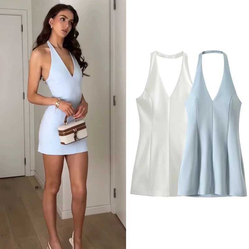 HXAO Mini Halter Dress Fashion Summer Dresses 2024 Women V-Neck Sleeveless Backless Slim-Fit Dress Luxury Womens Elegant DressXJ250610