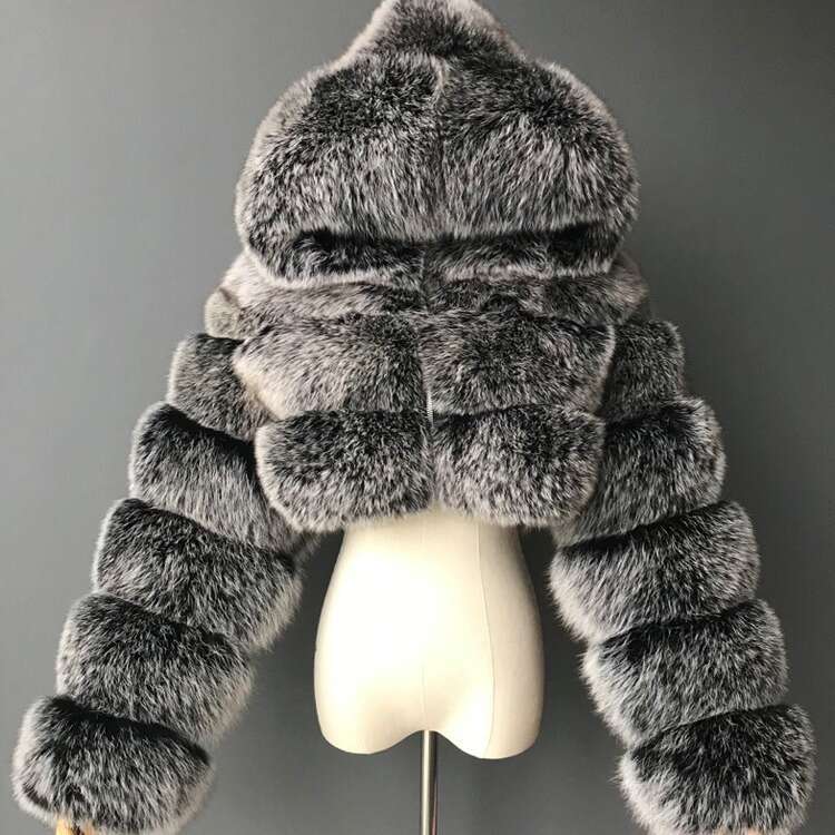 Short With Hood, Faux Fox Fur Long Sleeve Patchwork Women's Coat