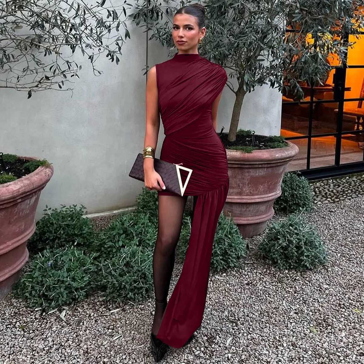 Irregular Draped Ruched Sexy Mini Dress For Women Elegant Turtleneck Sleeveless High Waist Pleated Club Party DressXJ250610