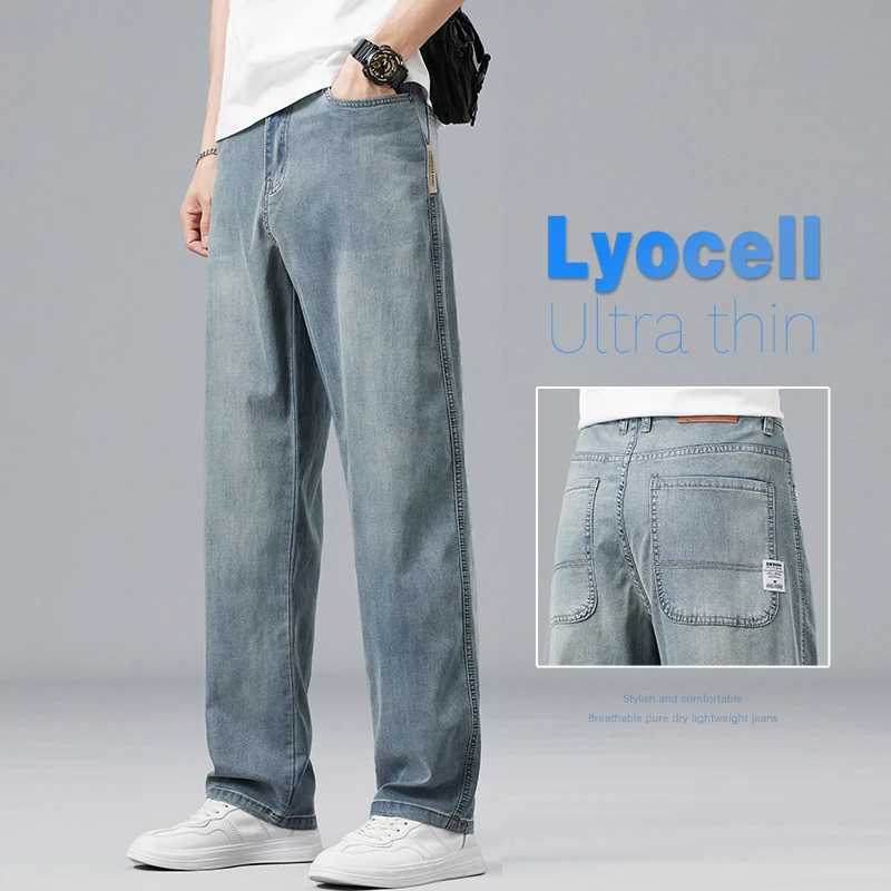 Summer Ultra-thin Lyocell Mens Jeans Drape Soft Fabric Loose Straight Casual Denim Pants Elastic Ice Silk Male Trousers M250610