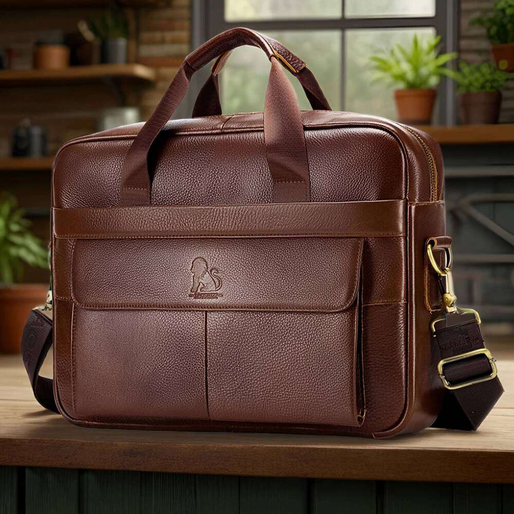 STEEL LION Genuine Leather Men's Briefcase Large Capacity Crossbody Computer Bag With Single Shoulder Strap Lage Fixing Belt