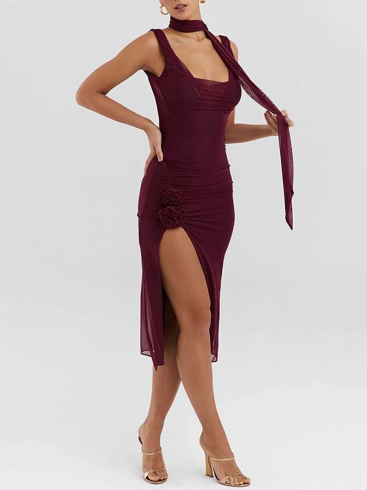 Mozision Elegant Flower High Split Sexy Midi Dress For Women Two Layer Mesh Sleeveless Backless Bodycon Club Dress Party Outfits XJ250610
