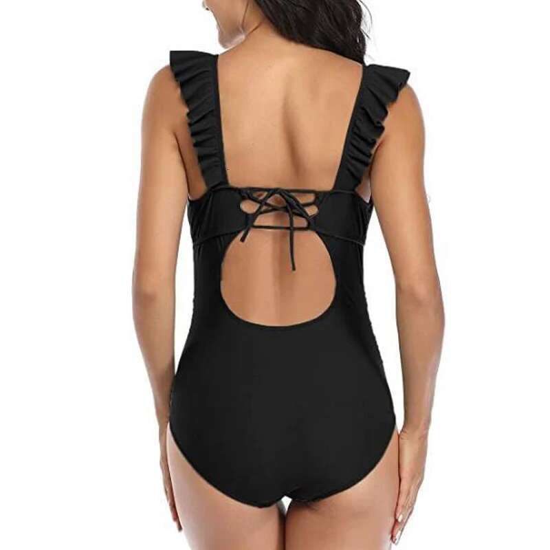 Swimsuit One Piece Ruffle V Neck Swimwear Lace Up Back Bathing Suit Monokini Maternity Beach Bikini SPA