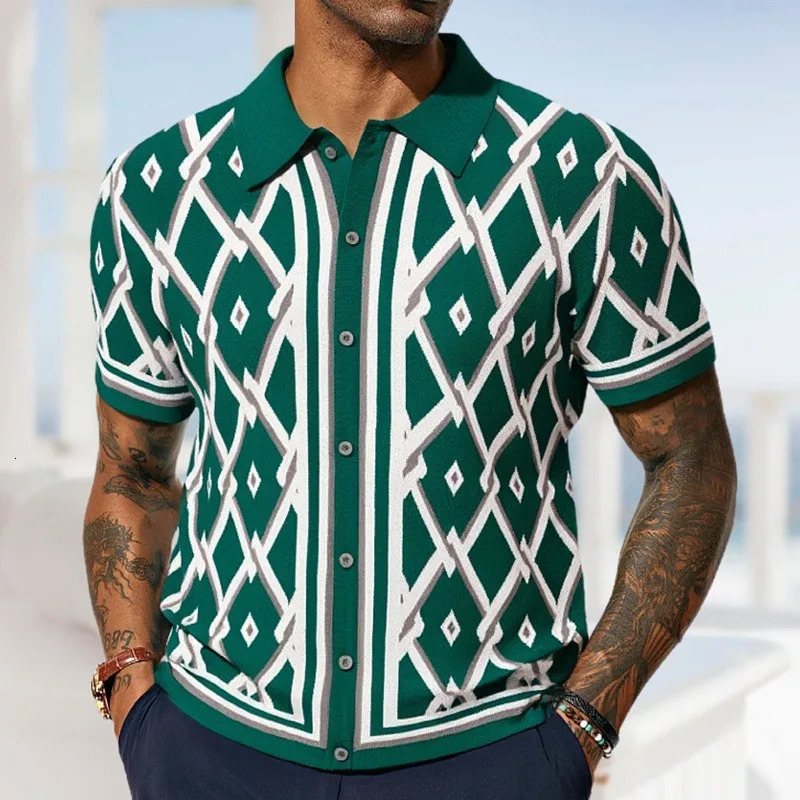 Mens Knitted Jacquard Business Polo Shirt Fashion Short Sleeve Buttondown Cardigan Vintage Leisure Knitwear Summer 250610