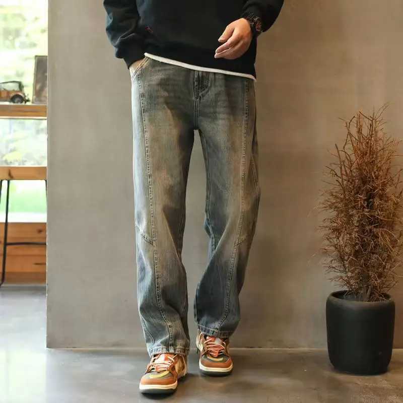 Fashion 2025 Mens Autumn Retro Design Patchwork Loose Fit Denim Jeans Heavy Washed Casual Drop Crotch Wide Leg Harem Pants M250610