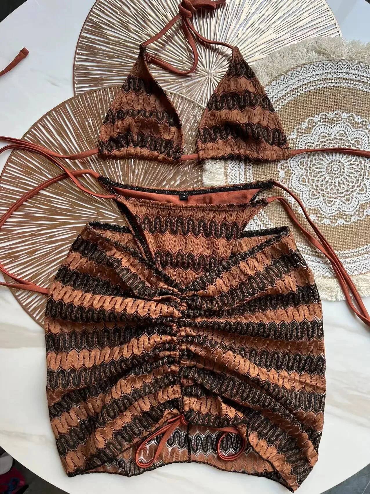 Designer 2023 Women Sexy knitting three piece swimwear Bikini Set Skirt Cover Up Swimsuit Beachwear Biquini